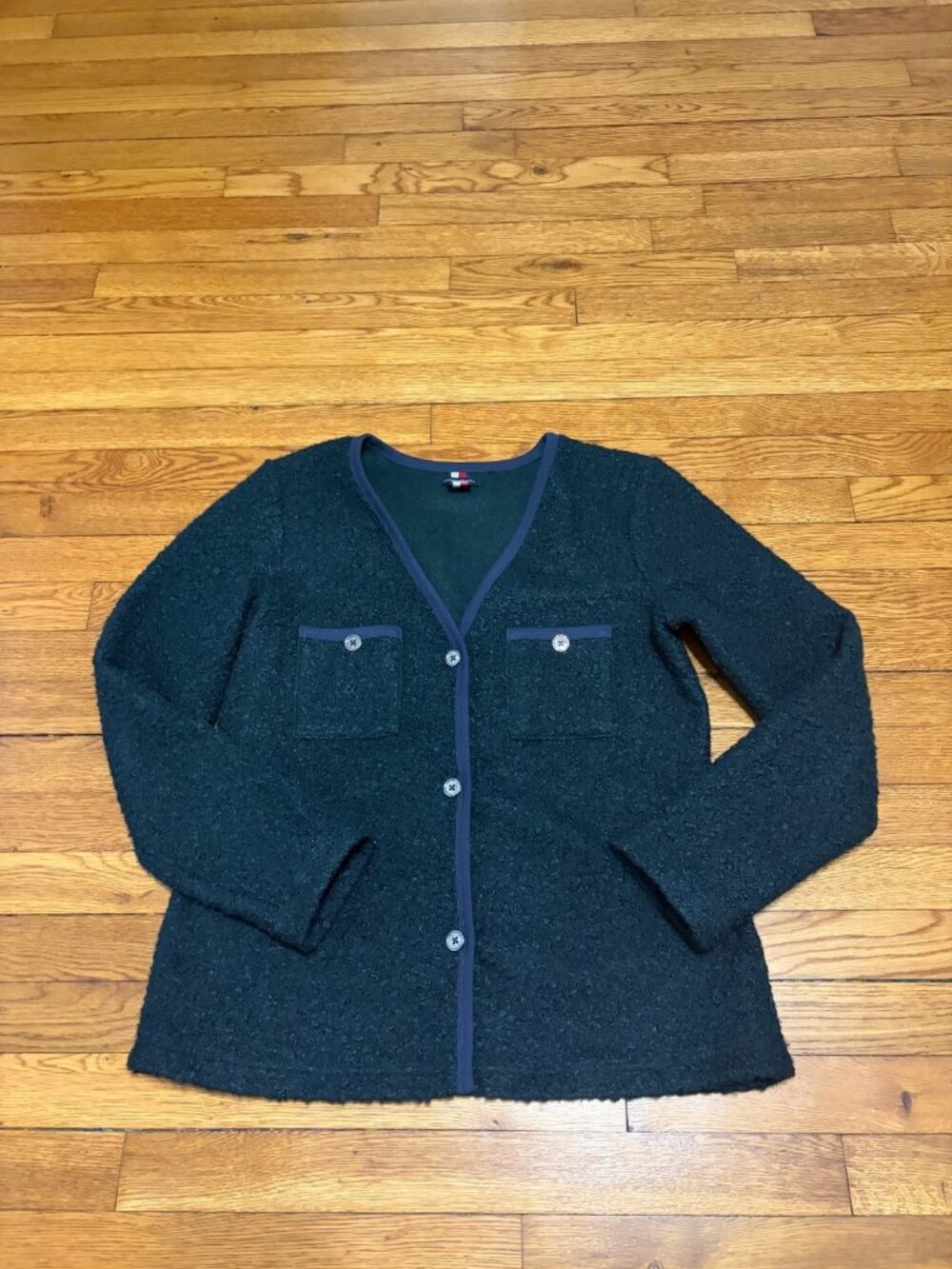 Tommy Hilfiger Women’s Cardigan Sweater Size 8 Green Faux Fur Polyester V-Neck